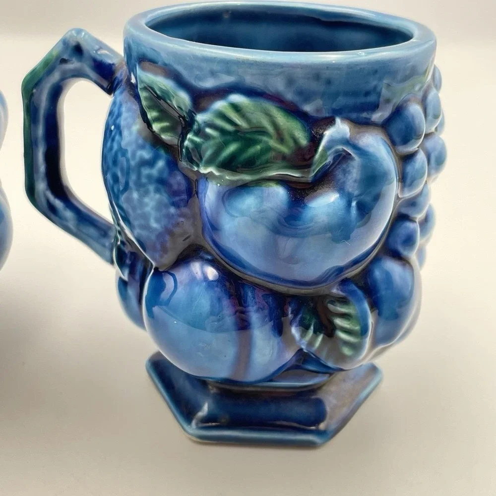 Inarco Japan Blue Fruit Pitcher & 2 Mugs Set E2431 / E2429 Vintage Ceramic 1960s